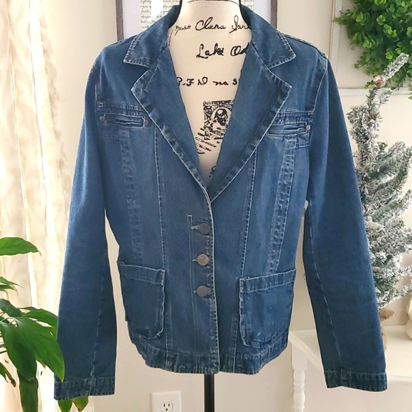 Veste Denim Vintage Bill Blass – Motif Floral, Taille L, Pour Femme – Occasion Très Bon état